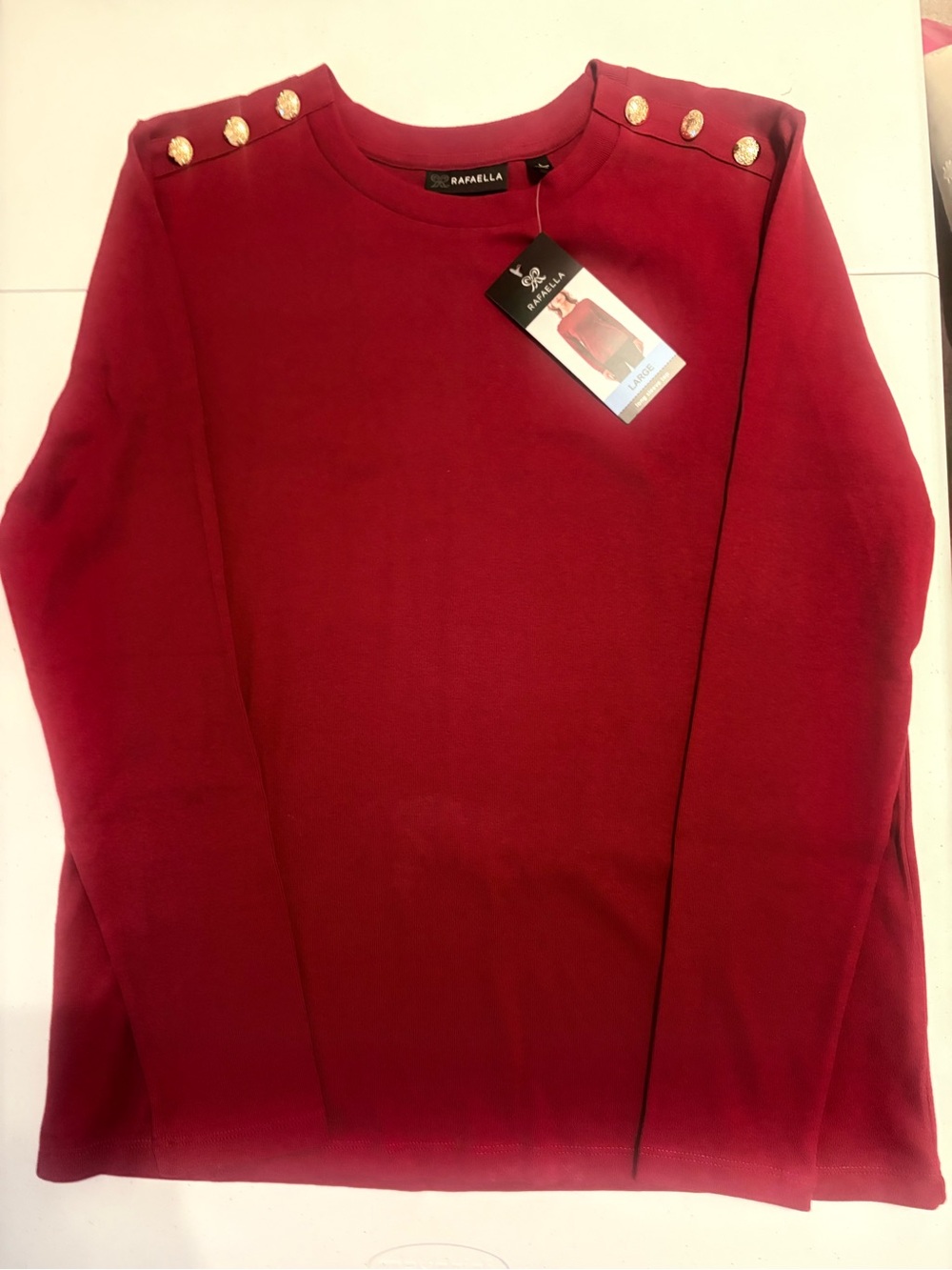 Rafaella Red Crewneck Sweater with Gold Shoulder Buttons